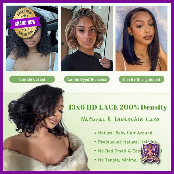 13x6 HD Lace Front Wig Human Hair 200% Density Bob Glueless Pre Plucked main image 4